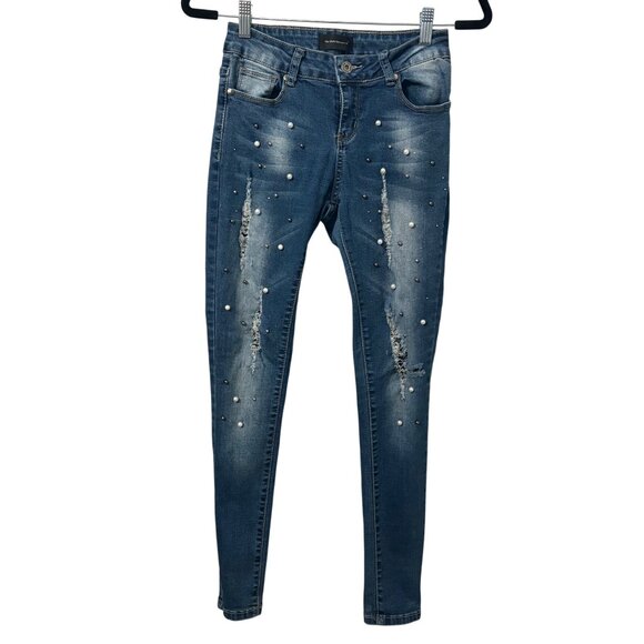 The Style Between Us Denim - Y2K Glam Distressed Low Rise Skinny Jeans w/ Pearl & Sequin McBling 2000s Size 5